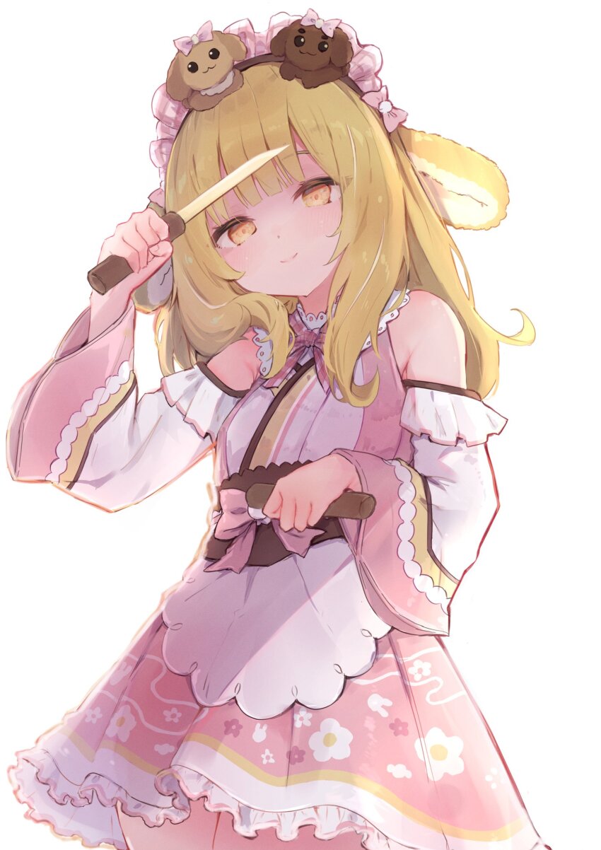 1girl, animal_ears, bare_shoulders, blonde_hair, blunt_bangs, blush, bow, bowtie, breasts, brown_hairband, brown_sash, clenched_hand, closed_mouth, commentary_request, cowboy_shot, dress, fingernails, floppy_ears, floral_print, frilled_dress, frilled_sleeves, frills, hairband, headdress, highres, holding, holding_knife, inaba_haneru_(9th_costume)_(animare), inaba_haneru_(animare), knife, long_hair, looking_at_viewer, nanashi_inc., obi, pink_bow, pink_bowtie, pink_dress, plaid_bow, plaid_bowtie, plaid_clothes, print_dress, rabbit_ears, rabbit_girl, rutinium, sash, short_sword, simple_background, small_breasts, smile, solo, sword, tantou, virtual_youtuber, weapon, white_background, wide_sleeves, yellow_eyes