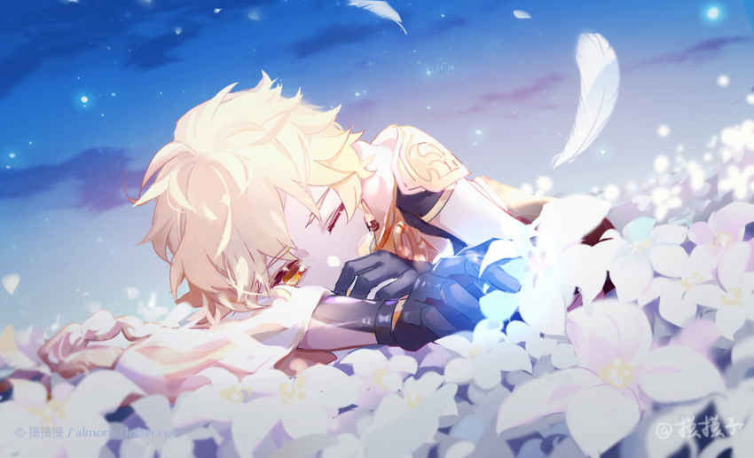 1boy, aether_(genshin_impact), ahoge, arm_armor, armor, artist_name, black_gloves, black_pants, black_shirt, blonde_hair, blue_sky, braid, brown_eyes, cloud, cloudy_sky, covering_own_mouth, earrings, evening, flower, genshin_impact, gloves, gradient_sky, hair_between_eyes, jewelry, long_hair, looking_down, lying, male_focus, mo_mo_zi, on_side, one_eye_closed, outdoors, pants, petals, scarf, shirt, short_sleeves, shoulder_armor, single_earring, sky, solo, white_flower, white_scarf