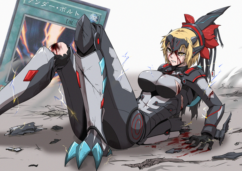1girl, absurdres, arm_blade, armor, bleeding, blonde_hair, blood, blood_from_mouth, blood_on_arm, blood_on_breasts, blood_on_face, blood_on_leg, bodysuit, breasts, bruise, bruise_on_face, commentary_request, cuts, dinomorphia_kentregina, duel_monster, forehead_protector, grey_bodysuit, headgear, highres, injury, large_breasts, mechabare, mechanical_tail, parted_lips, raigeki, saikre, scratches, shadow, short_hair, sitting, solo, tail, torn_bodysuit, torn_clothes, trading_card, weapon, yellow_eyes, yu-gi-oh!