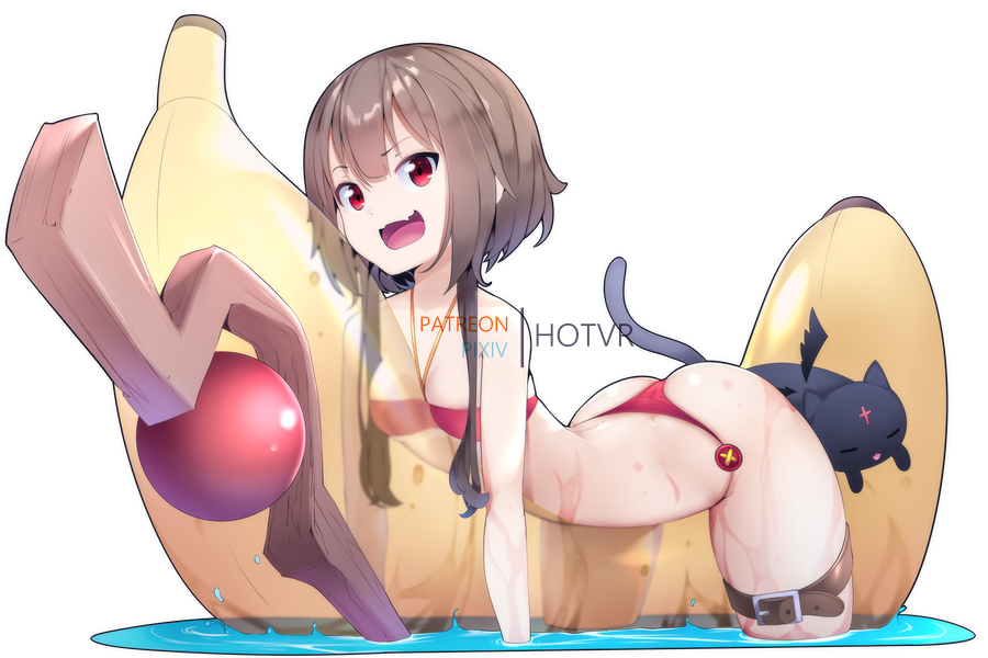 1girl, 1other, animal_ears, arched_back, artist_name, ass, banana, bare_shoulders, bikini, black_cat, breast_press, breasts, bright_pupils, brown_hair, buttons, cat, cat_ears, cat_tail, chomusuke, closed_eyes, cowboy_shot, cowgirl_position, english_text, fang, floating, floating_object, food, fruit, hair_between_eyes, hot_vr, inflatable_toy, kono_subarashii_sekai_ni_shukufuku_wo!, megumin, open_mouth, paid_reward_available, patreon_username, petite, phallic_symbol, pixiv_username, red_bikini, red_eyes, riding, sexually_suggestive, short_hair, short_hair_with_long_locks, simple_background, small_breasts, spread_legs, staff, straddling, summer, swimsuit, tail, tongue, water, wet, white_background