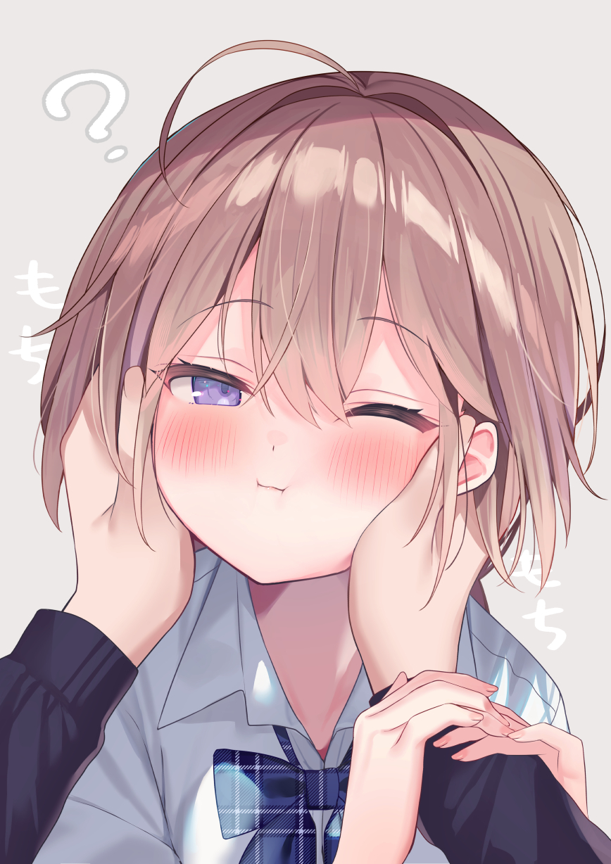 1boy, 1girl, ;i, ?, blue_bow, blush, bow, brown_hair