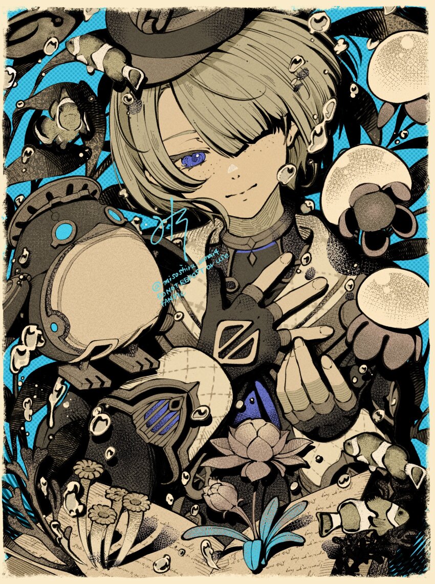 1boy, absurdres, air_bubble, artist_name, black_gloves, black_hat, black_jacket, blonde_hair, blue_background, blue_eyes, book, border, bubble, closed_mouth, clownfish, commentary, coral, eyelashes, fingerless_gloves, fish, flower, freckles, freminet_(genshin_impact), genshin_impact, gloves, gold_trim, hair_over_one_eye, hands_up, hat, highres, jacket, jellyfish, long_sleeves, male_focus, misoshiru_umai4, non-humanoid_robot, one_eye_covered, open_book, parted_bangs, pers_(genshin_impact), plant, robot, robot_animal, romaritime_flower, sea_anemone, short_hair, signature, simple_background, sleeve_cuffs, smile, solo, twitter_username, upper_body, watermark, white_border