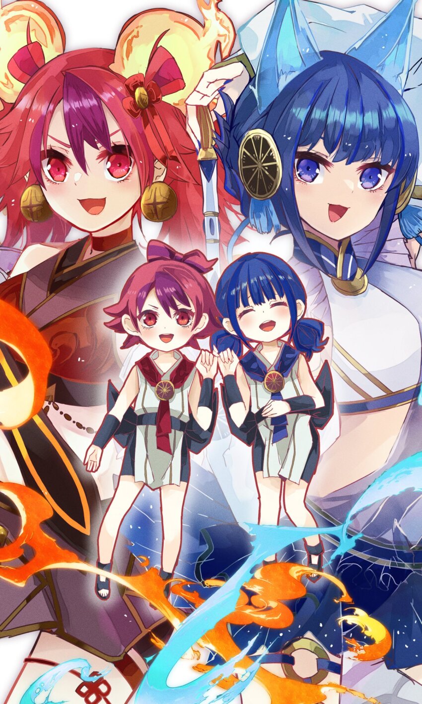 2girls, animal_ears, bare_shoulders, blue_eyes, blue_hair, breasts, crop_top, detached_sleeves