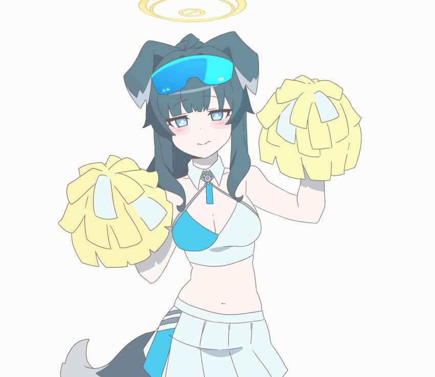 1girl, animal_ears, animated, animated_gif, bare_shoulders, black_hair, blue_archive, blue_eyes, blush, breasts, cheering, cheerleader, closed_mouth, dog_ears, dog_girl, dog_tail, eyewear_on_head, ggaebchun, goggles, goggles_on_head, halo, hibiki_(blue_archive), hibiki_(cheer_squad)_(blue_archive), highres, holding, long_hair, looking_at_viewer, looping_animation, medium_breasts, midriff, millennium_cheerleader_outfit_(blue_archive), navel, official_alternate_costume, pom_pom_(cheerleading), simple_background, skirt, smile, solo, standing, stomach, tail, white_background