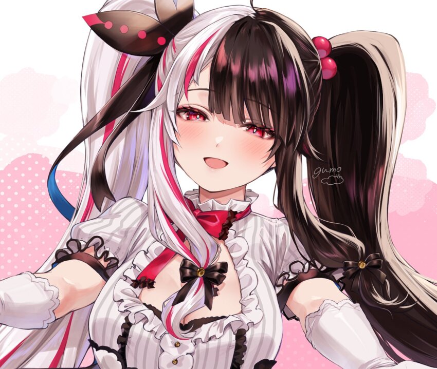 1girl, ahoge, black_hair, cleavage_cutout, clothing_cutout, gloves, gumo_(911tf5), long_hair, looking_at_viewer, multicolored_hair, nijisanji, pink_hair, puffy_short_sleeves, puffy_sleeves, red_eyes, short_sleeves, sidelocks, smile, solo, split-color_hair, streaked_hair, twintails, two-tone_hair, virtual_youtuber, white_gloves, white_hair, yorumi_rena, yorumi_rena_(1st_costume)