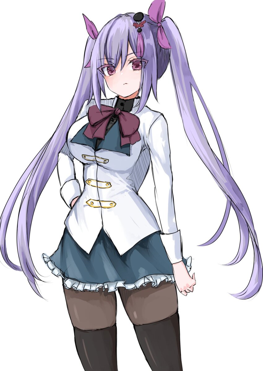 1girl, arm_at_side, assault_lily, black_shirt, black_thighhighs, blue_skirt, bow, bowtie