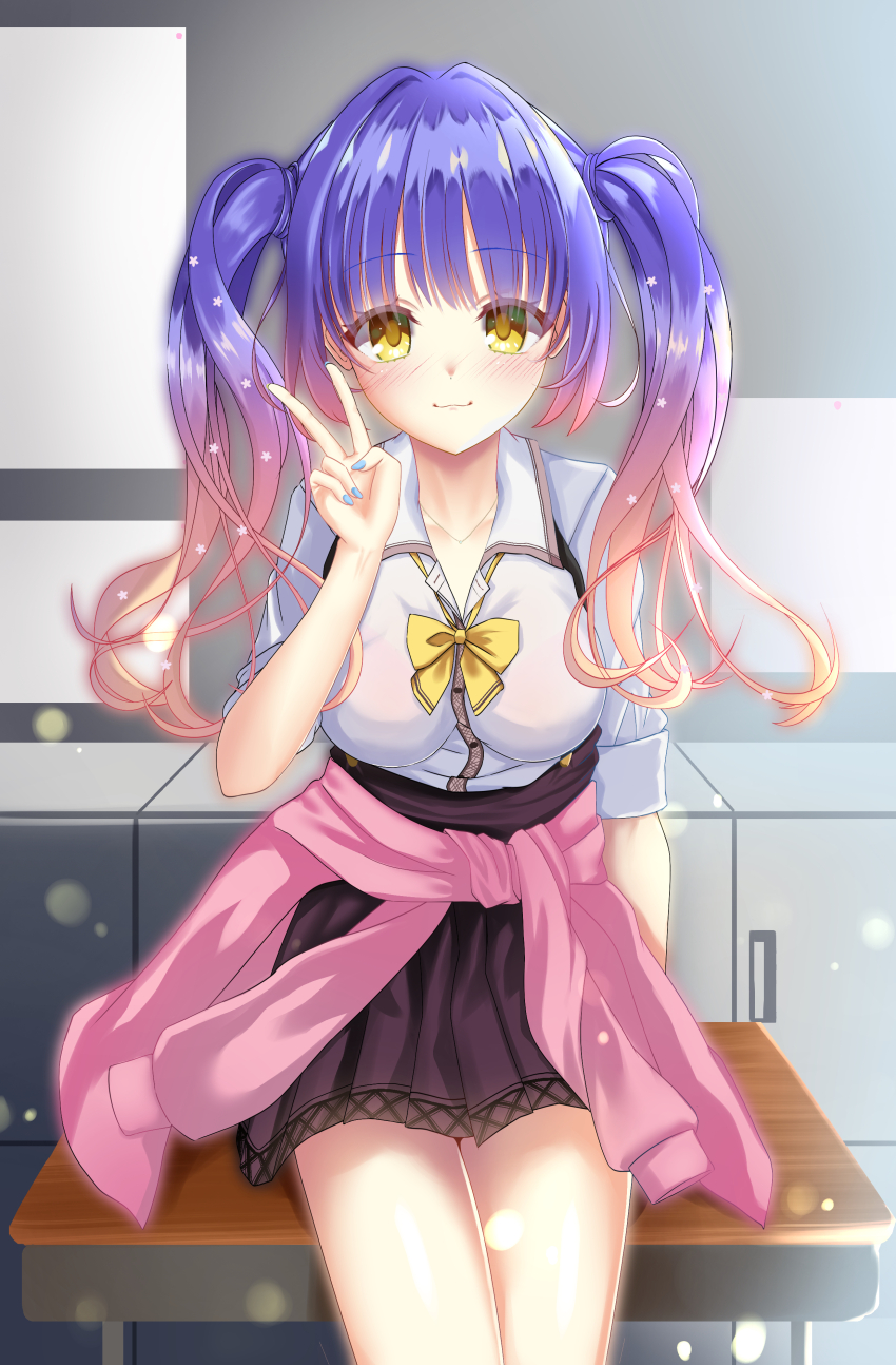 1girl, :3, absurdres, arm_at_side, blonde_hair, blue_hair, blue_nails, blush, bow, breasts, classroom, closed_mouth, clothes_around_waist, commentary, cowboy_shot, desk, eternalfeatherx, eyelashes, eyes_visible_through_hair, fingernails, flower, gradient_hair, gyaru, hair_between_eyes, hair_flower, hair_intakes, hair_ornament, hand_up, highres, indoors, jewelry, kogal, kohibari_kurumi, large_breasts, light_particles, long_hair, long_sleeves, looking_at_viewer, multicolored_hair, nail_polish, necklace, on_desk, pink_hair, pink_sweater, school_desk, school_uniform, shiny_skin, shirt, sidelighting, sitting, sleeves_rolled_up, smile, solo, straight-on, sweater, tenshi_souzou_re-boot!, twintails, v, wavy_hair, white_flower, white_shirt, yellow_bow, yellow_nails