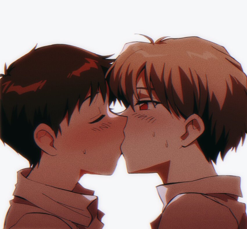 2boys, 4zw89qkqagggcf7, black_hair, blush, closed_eyes, collared_shirt, couple, grey_hair