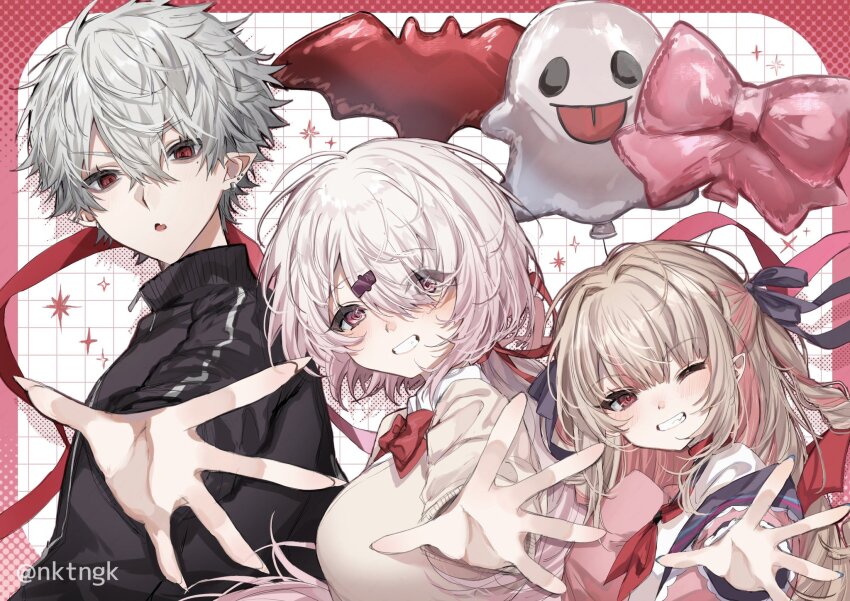 1boy, 2girls, balloon, black_jacket, blonde_hair, cardigan, earrings, grey_hair