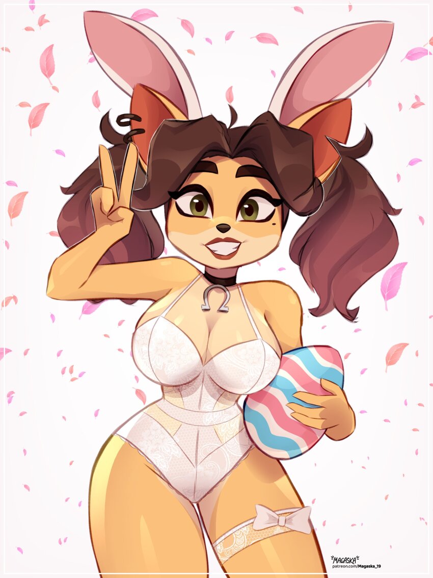 1girl, absurdres, alyssa_bandicoot_(magaska), animal_ears, black_choker, breasts, brown_hair, choker, cleavage, crash_bandicoot_(series), easter_egg, egg, furry, furry_female, green_eyes, grin, highres, horseshoe_pendant, large_breasts, leotard, looking_at_viewer, magaska, pendant_choker, rabbit_ears, short_twintails, smile, solo, twintails, v, white_leotard