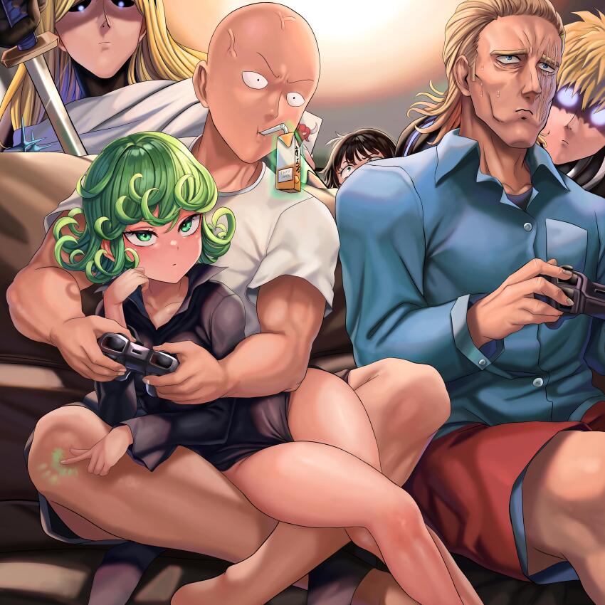 absurdres, anger_vein, bald, barefoot, black_dress, black_sclera, blonde_hair, blue_eyes