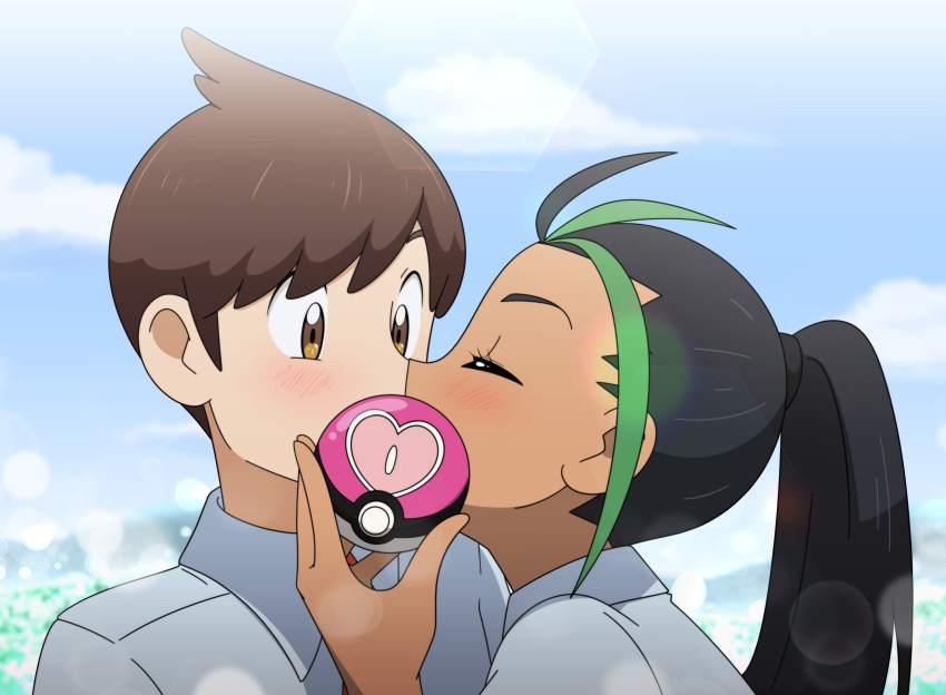 absurdres, ahoge, black_hair, blush, brown_hair, closed_eyes, covered_mouth, florian_(pokemon), highres, kiss, lens_flare, love_ball, nemona_(pokemon), nintendo, pok3d, poke_ball, pokemon, pokemon_scarlet_and_violet, school_uniform