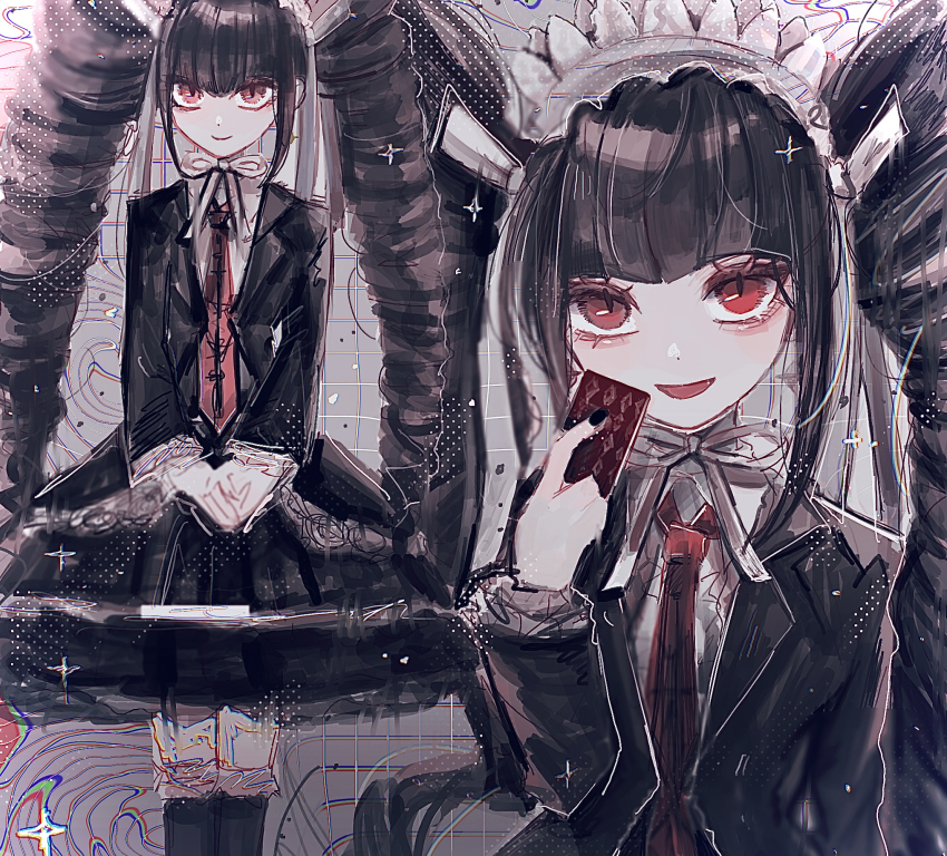 1girl, :d, black_hair, black_jacket, black_skirt, black_thighhighs, blunt_bangs, brown_hair
