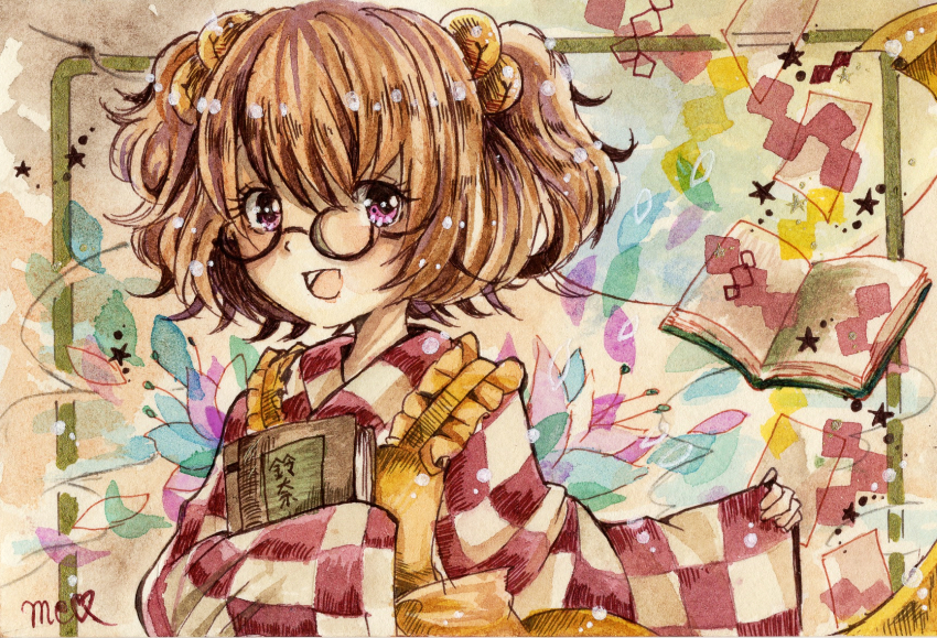 1girl, bell, book, brown_hair, frilled_shirt_collar, frills, glasses, highres