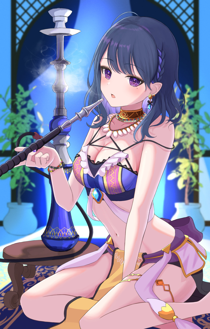 1girl, absurdres, arabian_clothes, bead_necklace, beads, blue_hair, braid, breasts