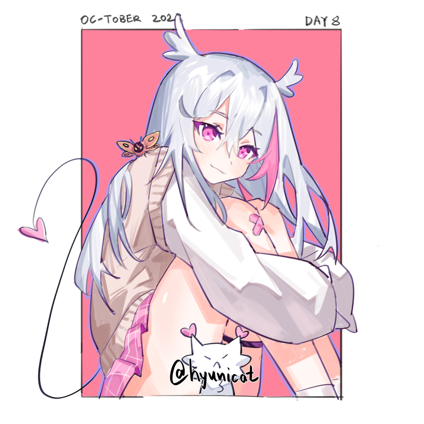 1girl, absurdres, bow, bowtie, demon_girl, head_wings, highres, hyuni_(character), hyunite, indie_virtual_youtuber, maplesights, moth_kun, multicolored_hair, original, owl_ears, owl_girl, pink_eyes, pink_hair, school_uniform, tail, two-tone_hair, virtual_youtuber, white_hair, wings