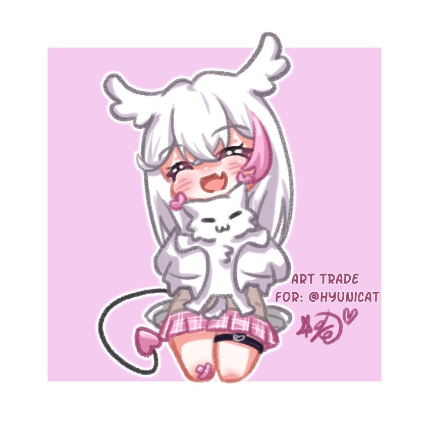 1girl, bow, bowtie, demon_girl, head_wings, highres, hyuni_(character), hyunite, indie_virtual_youtuber, lyriasshin, multicolored_hair, original, owl_ears, owl_girl, pink_eyes, pink_hair, school_uniform, tail, two-tone_hair, white_hair, wings