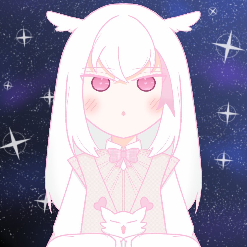 bow, demon_girl, head_wings, heofthename, highres, hyuni_(character), hyunite, indie_virtual_youtuber, multicolored_hair, night, owl_ears, owl_girl, pink_eyes, pink_hair, school_uniform, sky, two-tone_hair, white_hair, wings