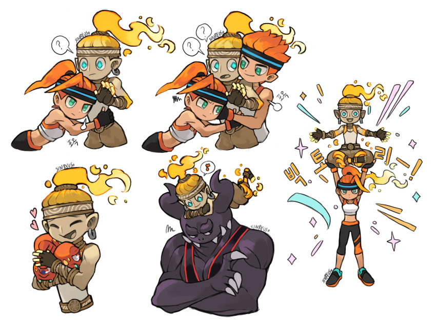 1girl, 2boys, absurdres, black_footwear, blue_eyes, dragaux, envy, fingerless_gloves, gloves, green_eyes, highres, hoplin, map, multiple_boys, personification, red_hair, ring_(ring_fit_adventure), ring_fit_adventure, ring_fit_trainee, ring_fit_trainee_(female), ring_fit_trainee_(male), shirt, sleeveless, sleeveless_shirt