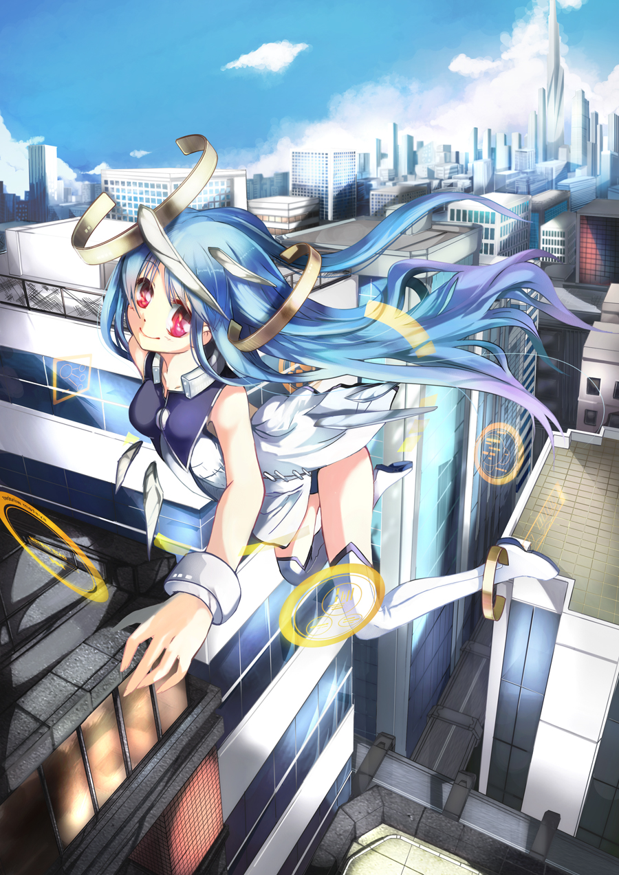 1girl, aria_(vocaloid), bad_id, bad_pixiv_id, blue_hair, cityscape, cloud, day