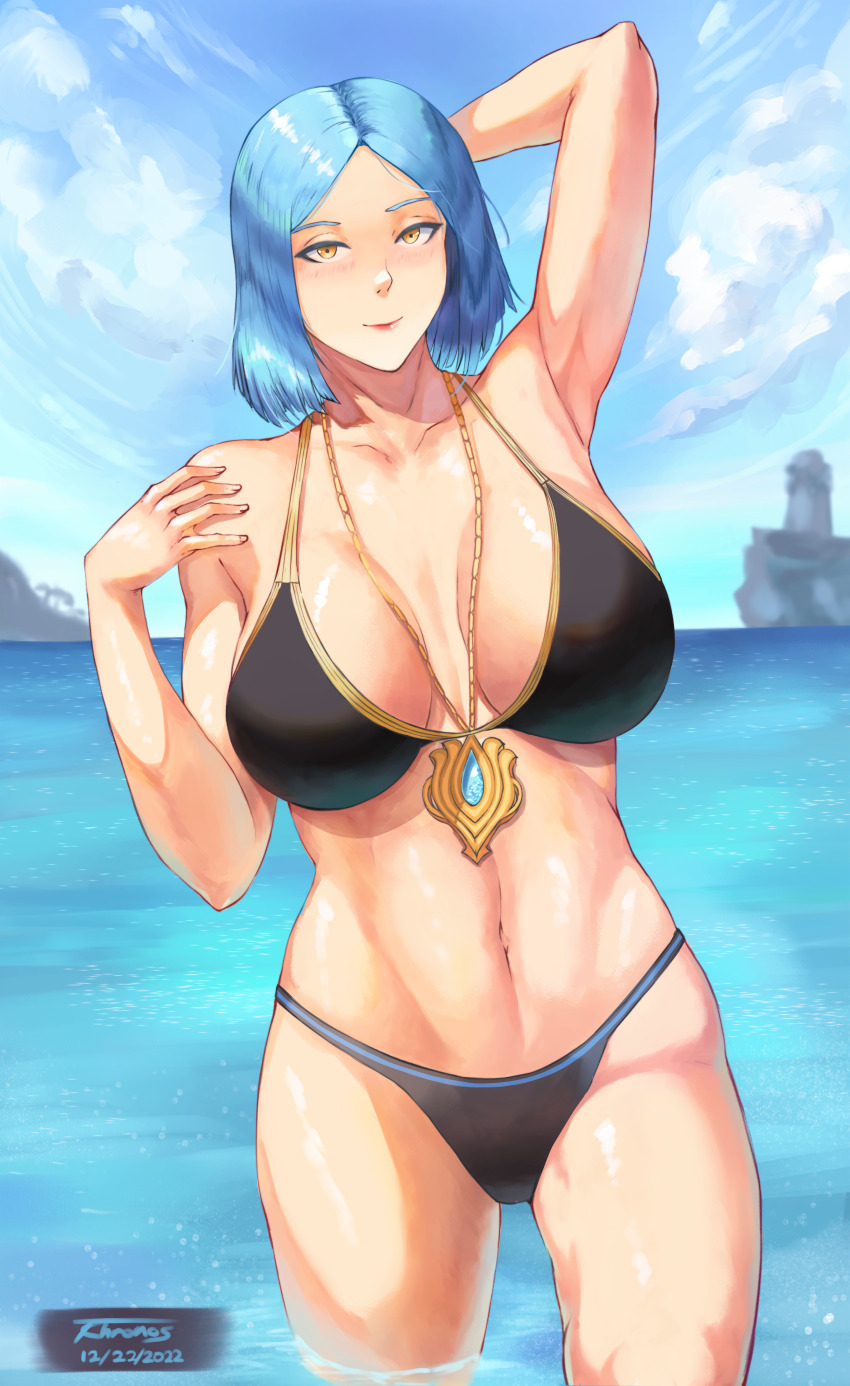 1girl, absurdres, arete_(fire_emblem), bikini, blue_hair, bracelet, breasts, cleavage, fire_emblem, fire_emblem_fates, highres, jewelry, large_breasts, lipstick, looking_at_viewer, makeup, mature_female, navel, nintendo, ocean, short_hair, signature, solo, swimsuit, tempura_chronos, wide_hips, yellow_eyes