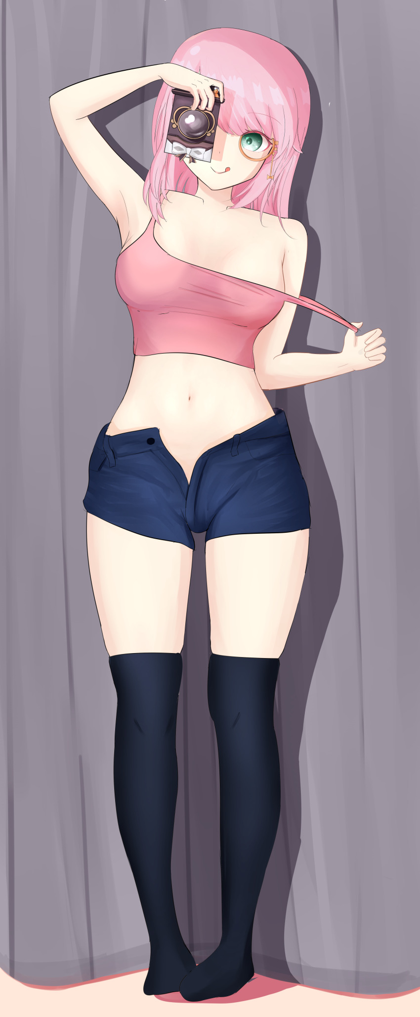 1girl, absurdres, adjusting_monocle, blush, breasts, camera, charlotte_(genshin_impact), genshin_impact