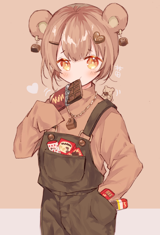 1girl, animal, animal_ear_piercing, animal_ears, animal_on_shoulder, bear_ears, bear_girl, brown_background