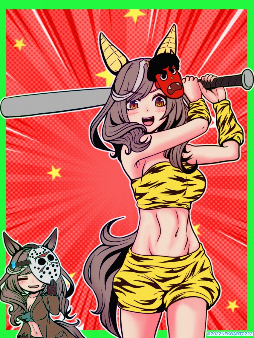 1girl, =_=, alternate_costume, animal_ears, armpits, baseball_bat, blush, border