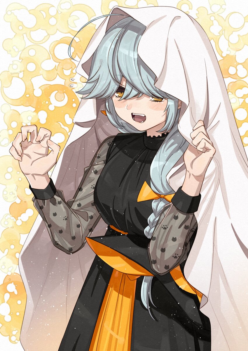 1girl, absurdres, ahoge, black_dress, blush, braid, dress, fingernails