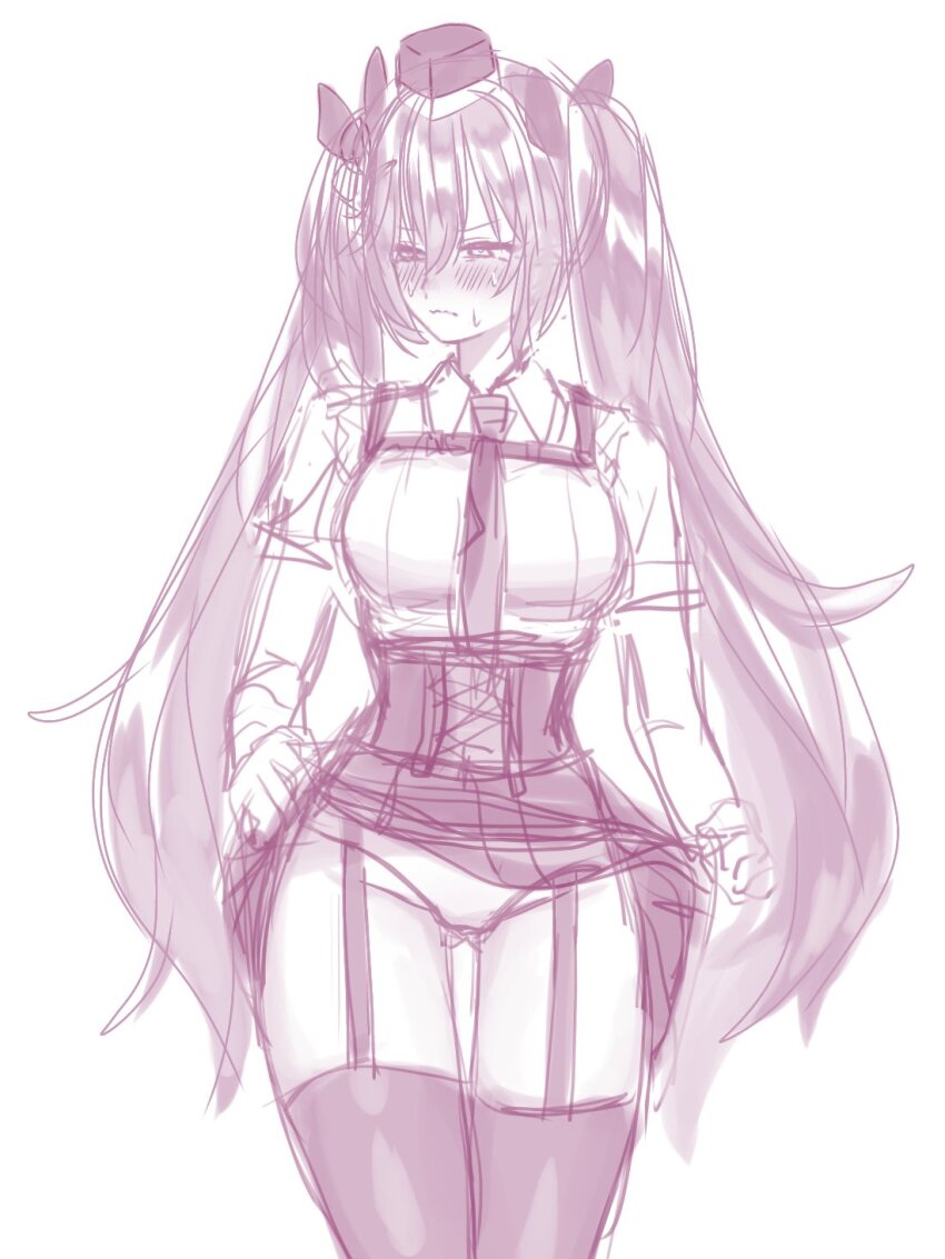 1girl, blush, breasts, buurn_dokaan_(nack), chest_harness, closed_mouth, clothes_lift, collared_shirt