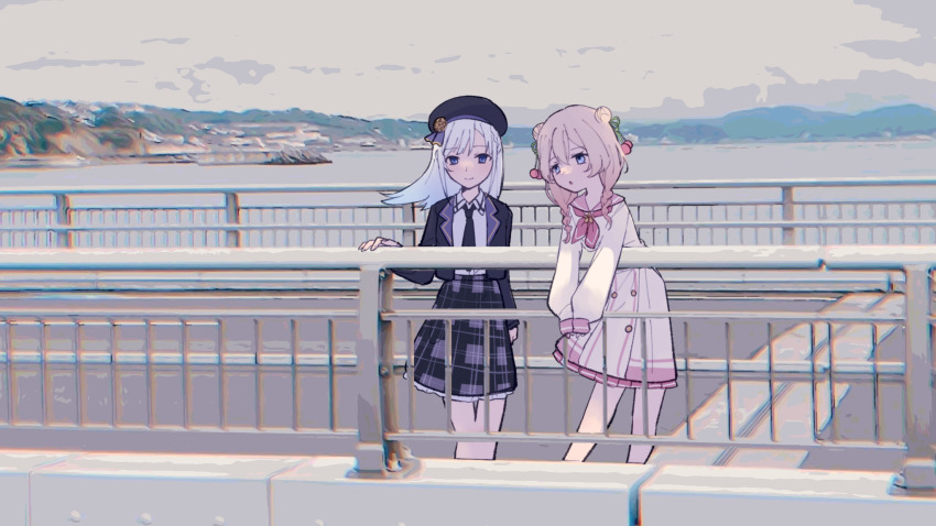 2girls, :o, against_railing, asumi_ririse, asumi_shuo, beret, black_headwear, black_jacket