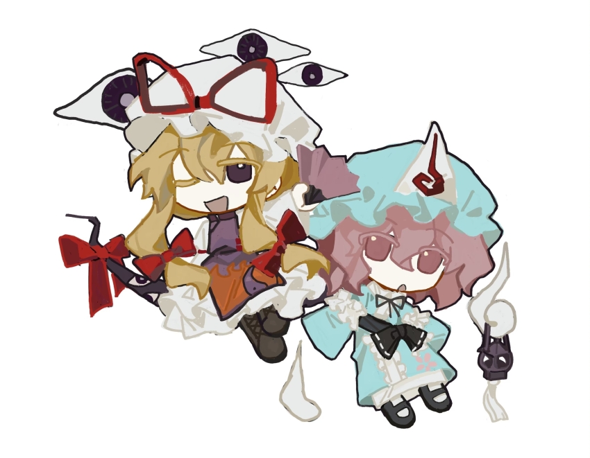 2girls, aaayamitsu, black_boots, black_shoes, blonde_hair, blue_dress, boots, bow