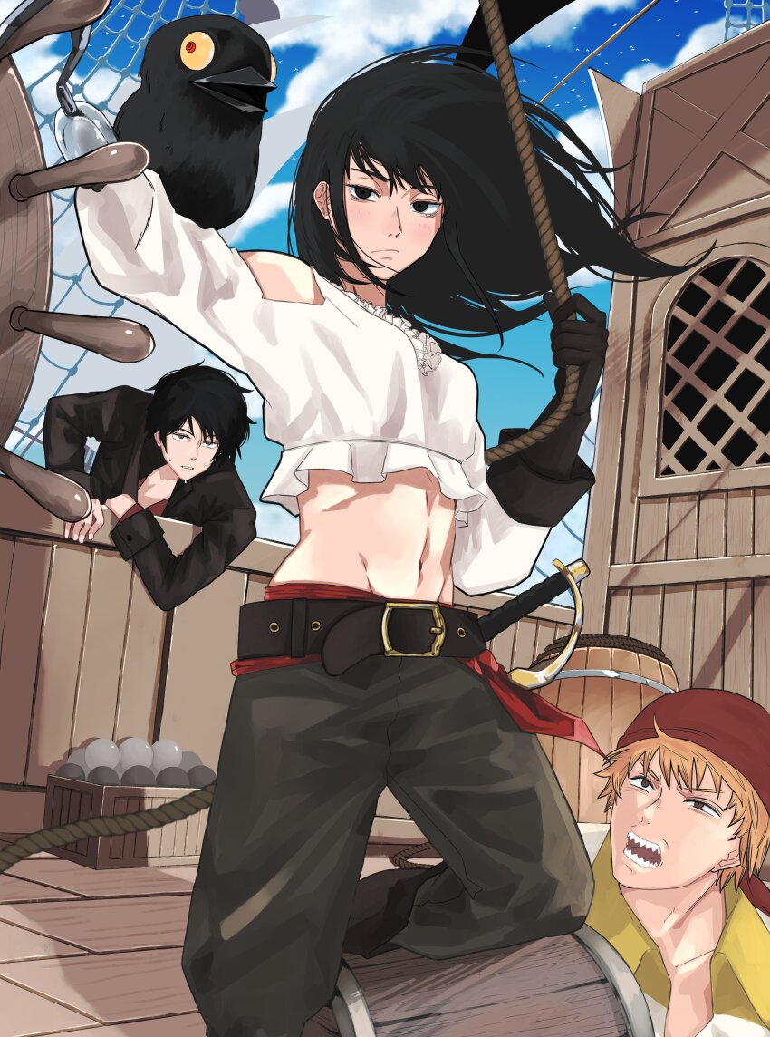 1girl, 2boys, absurdres, alternate_costume, bandana, belt, black_belt, black_eyes