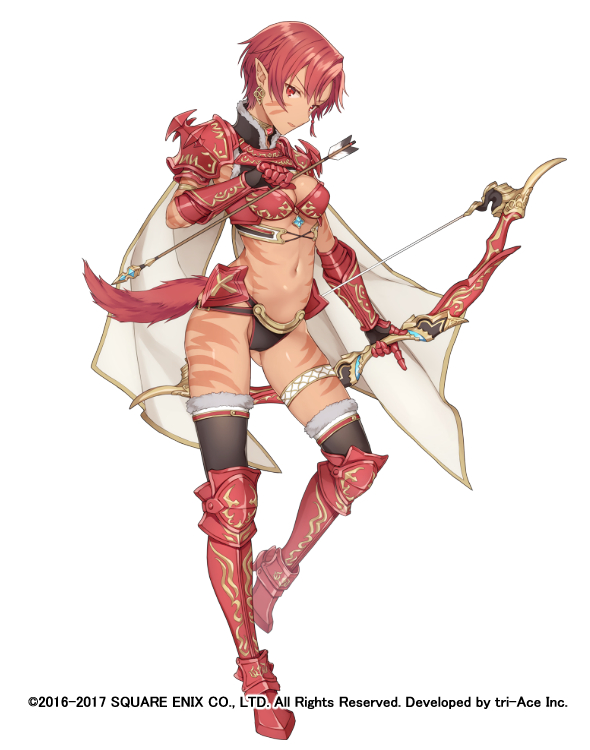 1girl, armor, arrow_(projectile), bikini_armor, bow_(weapon), breasts, closed_mouth, earrings, facial_mark, full_body, gloves, holding, holding_arrow, holding_bow_(weapon), holding_weapon, jewelry, looking_at_viewer, macco, medium_breasts, official_art, pauldrons, phia_mell, pointy_ears, red_eyes, red_hair, short_hair, shoulder_armor, simple_background, solo, square_enix, star_ocean, star_ocean:_anamnesis, star_ocean:_first_departure, tail, weapon, white_background