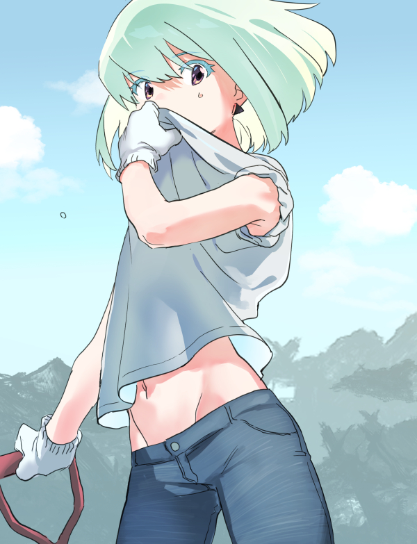 1boy, blonde_hair, blue_pants, blue_sky, clothes_lift, colored_eyelashes, denim, earrings