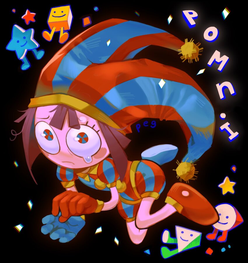 1girl, asymmetrical_gloves, black_background, blue_eyes, blue_gloves, blue_hat, blue_shirt, blush_stickers, brown_hair, character_name, closed_mouth, collared_shirt, commentary, english_commentary, full_body, gloves, hat, heyitspegkat, highres, jester_cap, looking_at_viewer, mismatched_gloves, multicolored_eyes, multicolored_hat, multicolored_shirt, pomni_(the_amazing_digital_circus), puffy_short_sleeves, puffy_sleeves, red_eyes, red_footwear, red_gloves, red_hat, red_shirt, shirt, short_hair, short_sleeves, shorts, simple_background, solo, striped_clothes, striped_headwear, striped_shirt, striped_shorts, tears, the_amazing_digital_circus, two-tone_eyes, vertical-striped_clothes, vertical-striped_headwear, vertical-striped_shirt, vertical-striped_shorts