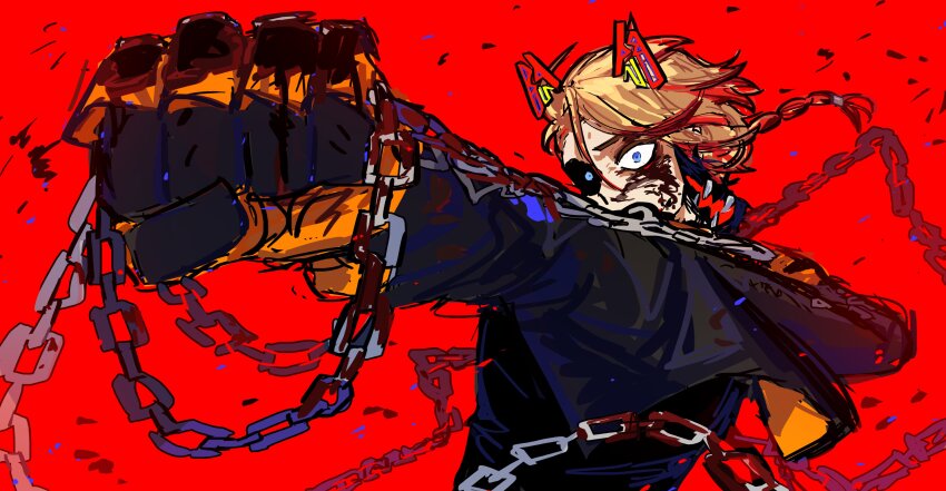 absurdres, animal_ears, axel_syrios, blonde_hair, blood, blood_on_face, blood_on_hands, blue_eyes
