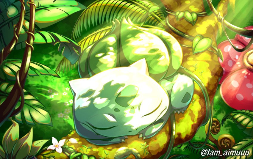 bulbasaur, claws, closed_eyes, closed_mouth, flower, forest, gen_1_pokemon, iam_aimuuu