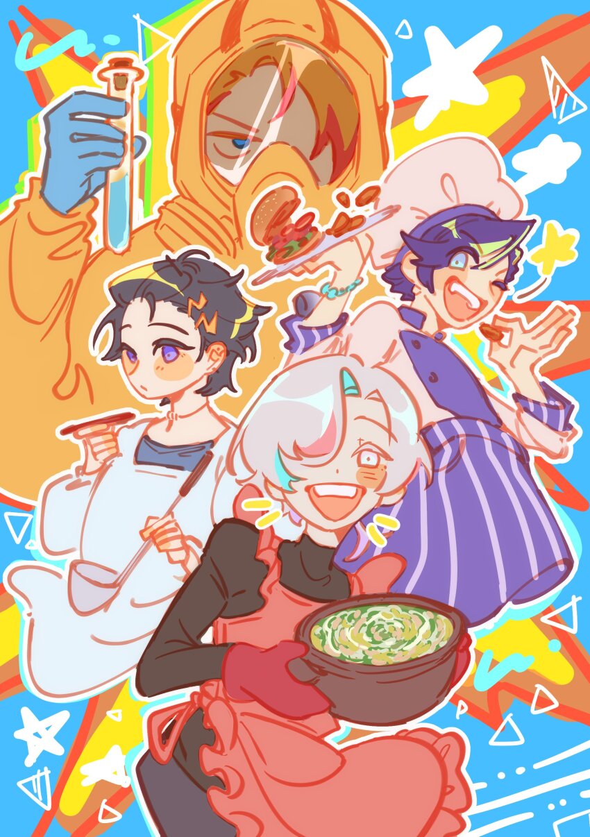 4boys, absurdres, apron, astel_leda, axel_syrios, blue_eyes, burger, food