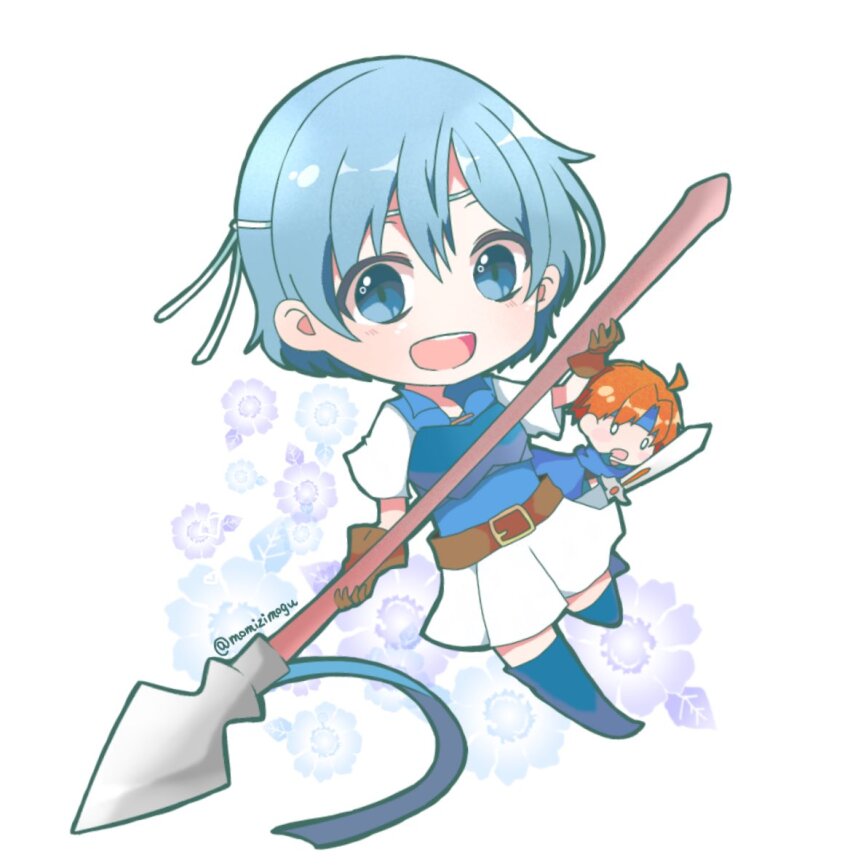 1girl, aqua_hair, belt, blue_eyes, blue_hair, chibi, fire_emblem, fire_emblem:_the_binding_blade, full_body, harukka, holding, holding_polearm, holding_weapon, lance, looking_at_viewer, nintendo, polearm, red_hair, roy_(fire_emblem), shanna_(fire_emblem), skirt, weapon