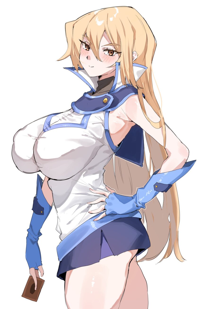 1girl, ass, between_fingers, blonde_hair, blue_gloves, blue_skirt, blush, breasts, brown_eyes, card, card_between_fingers, duel_academy_uniform_(yu-gi-oh!_gx), fingerless_gloves, gloves, hair_between_eyes, hand_on_own_hip, highres, holding, holding_card, large_breasts, long_hair, looking_at_viewer, miniskirt, ningensei, simple_background, skirt, sleeveless, solo, tenjouin_asuka, very_long_hair, white_background, yu-gi-oh!, yu-gi-oh!_gx