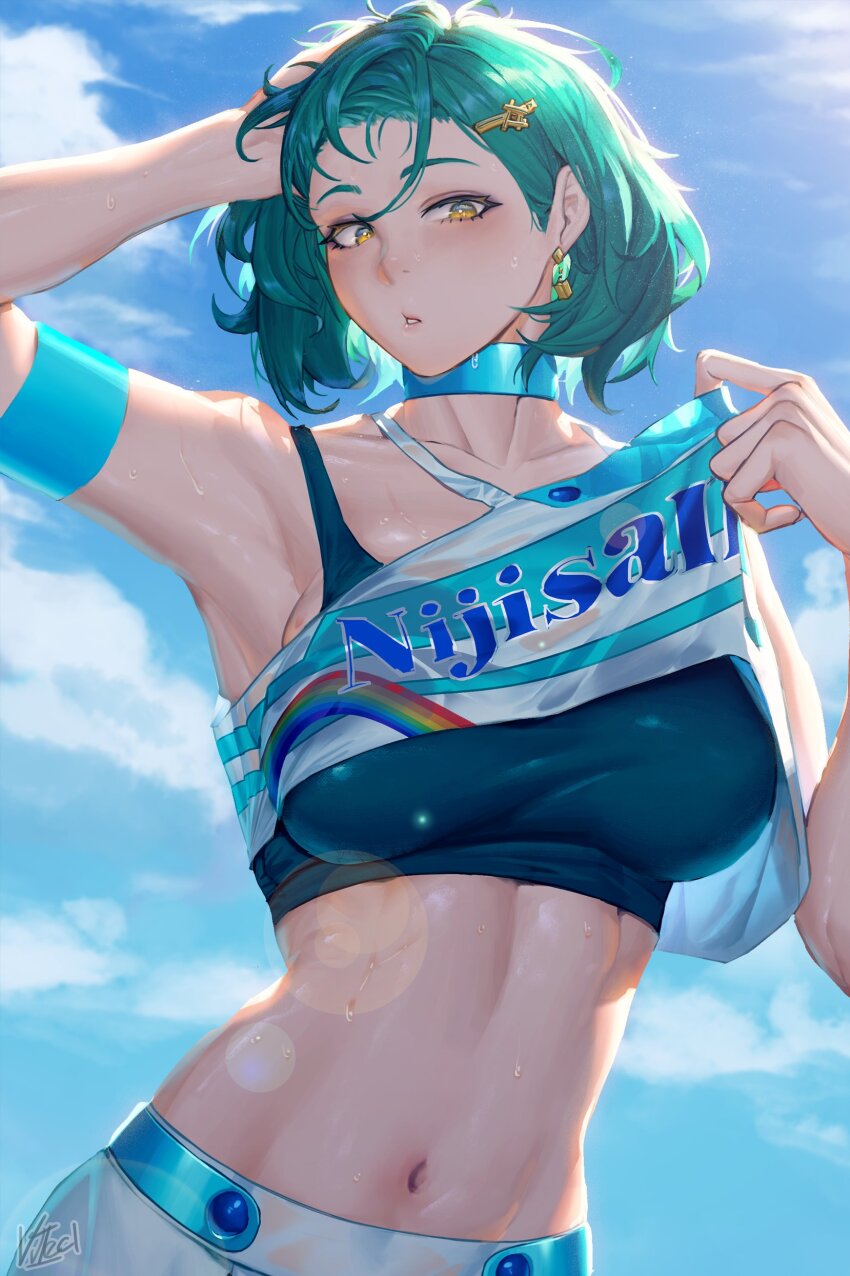 1girl, absurdres, arm_up, armband, armpits, bare_shoulders, blue_sky, blush