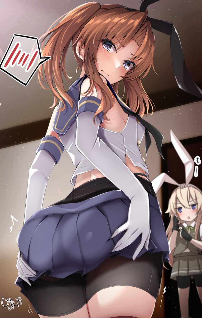 2girls, ass, bike_shorts, bike_shorts_under_skirt, black_gloves, black_hairband, black_neckerchief, blonde_hair, blue_sailor_collar, blue_skirt, brown_hair, cosplay, costume_switch, cowboy_shot, crop_top, elbow_gloves, giraffe_(ilconte), gloves, grey_eyes, grey_skirt, grey_vest, hairband, highres, kagerou_(kancolle), kagerou_(kancolle)_(cosplay), kagerou_kai_ni_(kancolle), kantai_collection, long_hair, looking_at_viewer, looking_back, microskirt, miniskirt, multiple_girls, neckerchief, pleated_skirt, purple_eyes, sailor_collar, shimakaze_(kancolle), shimakaze_(kancolle)_(cosplay), shirt, shorts, shorts_under_skirt, skirt, sleeveless, sleeveless_shirt, solo_focus, spoken_blush, striped_clothes, striped_thighhighs, thighhighs, twintails, vest, white_gloves