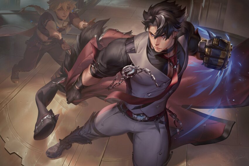 2boys, aether_(genshin_impact), bandaged_hand, bandages, belt, bich_hoan, black_hair, black_shirt