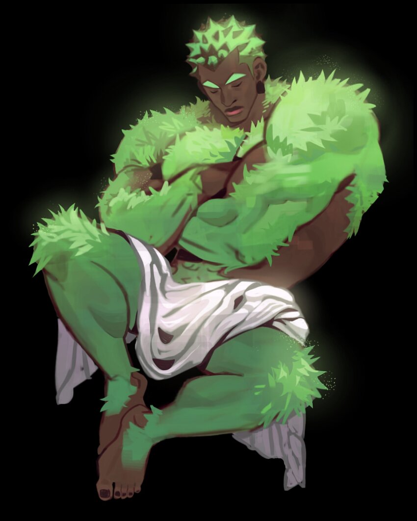 1boy, bara, body_fur, buzz_cut, closed_eyes, crossed_arms, dark-skinned_male, dark_skin, ed_(edufeart), full_body, grass_boy, green_fur, highres, large_pectorals, loincloth, male_focus, mature_male, monster_boy, muscular, muscular_male, nail_polish, original, pectoral_lift, pectorals, plant_boy, short_hair, sideburns, sitting, sleeping, solo, thick_eyebrows, toenail_polish, toenails, topless_male, very_dark_skin, very_short_hair