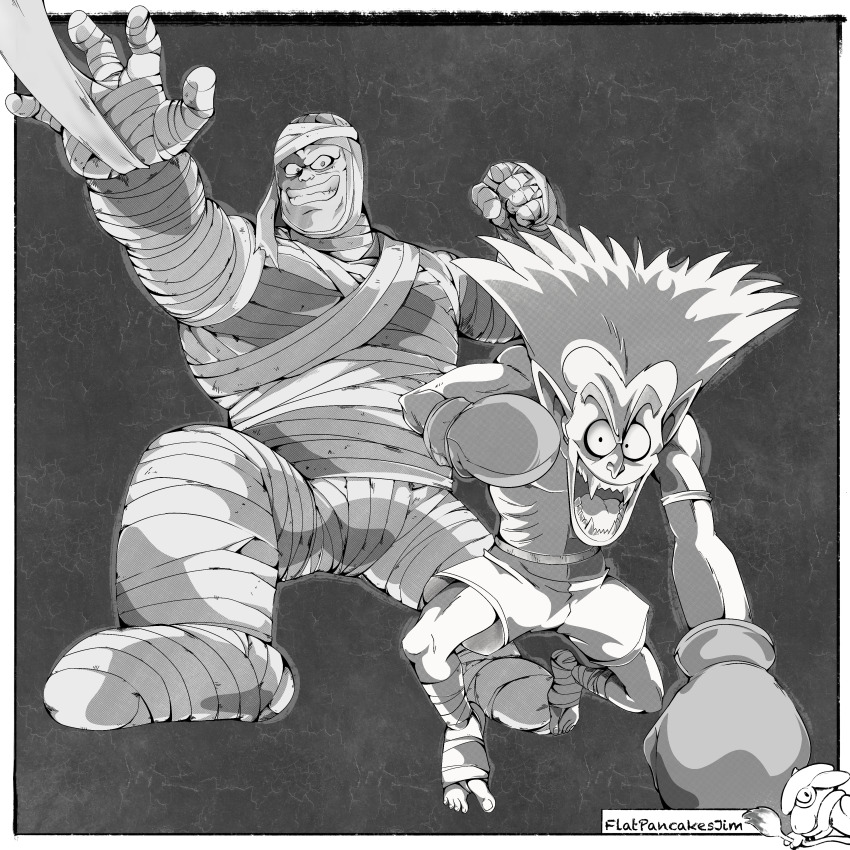 2boys, absurdres, bandages, bandages_the_mummy, boxing_gloves, dark_background, dracula_man, dracula_man_(dragonball)
