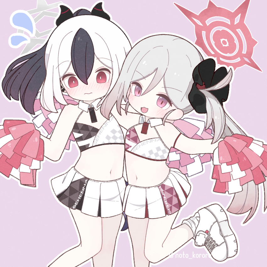 2girls, alternate_costume, blue_archive, blush, bright_pupils, cheerleader, closed_mouth, detached_collar, flat_chest, hair_between_eyes, halo, highres, kayoko_(blue_archive), long_hair, looking_at_another, looking_down, miniskirt, multicolored_hair, multicolored_shirt, multicolored_skirt, multiple_girls, mutsuki_(blue_archive), navel, nervous, no_nose, noto_(user_dajk3722), open_mouth, outline, pink_eyes, pleated_skirt, pom_pom_(cheerleading), ponytail, purple_background, red_eyes, simple_background, skirt, smile, socks, twitter_username, white_footwear, white_outline, white_pupils, white_socks