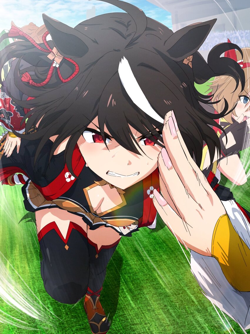 2girls, animal_ears, black_thighhighs, breasts, cleavage, clenched_teeth, clothing_cutout, commentary, genjitsu_steel_(umamusume), highres, horse_ears, horse_girl, japanese_clothes, kitasan_black_(umamusume), medium_breasts, miniskirt, misaki_nonaka, motion_lines, multicolored_hair, multiple_girls, outdoors, pleated_skirt, red_eyes, running, skirt, speed_lines, teeth, thighhighs, two-tone_hair, umamusume, yellow_skirt