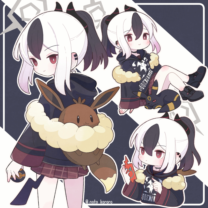 1girl, black_footwear, black_sweater, blue_archive, blush, bright_pupils, chibi, demon_horns