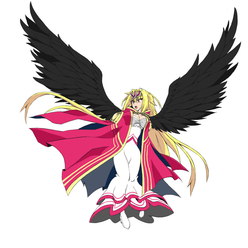 1girl, angel, black_wings, blonde_hair, breasts, cape, dress, full_body